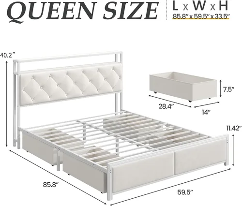 Miniatura 2 de Fluest Base de cama Queen con cabecero, cajones de almacenamiento, estación de carga rápida, luces LED, marco de cama tamaño Queen con cajones