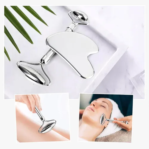 Miniatura 3 de Juego de rodillos faciales Gua-Sha para el cuidado de la piel facial, herramienta de escultura de piedra de acero inoxidable, rodillo masajeador