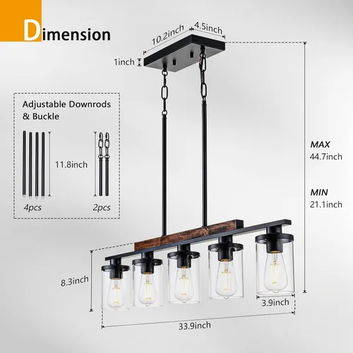 Miniatura 3 de Lámpara de Araña Lineal Moderna de Granja de 5 Luces para Isla de Cocina y Comedor – Luminaria Colgante Rústica Ajustable con Marco de Metal Negro