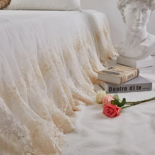 Miniatura 3 de Brandream Falda de cama de encaje, tamaño individual, color blanco crema, caída de 18 pulgadas, romántica con volantes y esquinas divididas