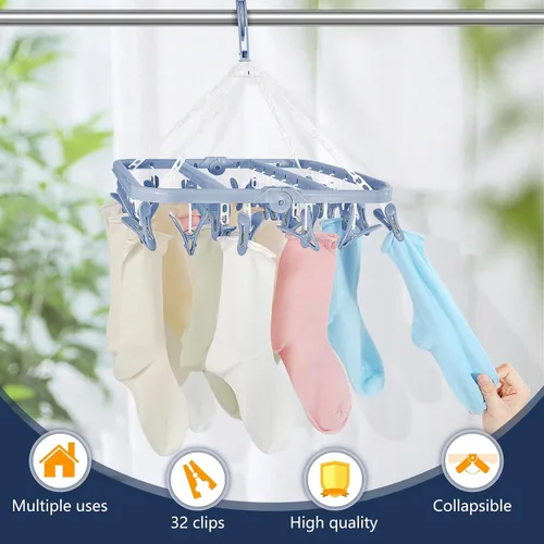 Miniatura 4 de Tendedero de ropa con 32 pinzas para la ropa, estantes de secado plegables Bule, gancho giratorio de 360° para secar toallas, sujetadores, ropa