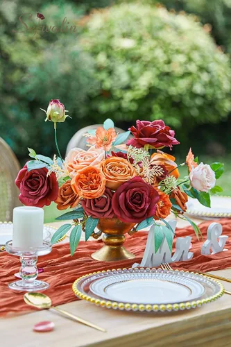 Miniatura 5 de Serwalin Flores artificiales de otoño, flores de seda falsas, flores de pastel, rosas, flores naranjas para decoración de boda, arreglos de B