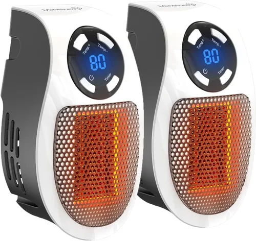 Calentador de enchufe de 450 W para uso en interiores, calentador eléctrico de pared con control remoto, temporizador de 12 horas y pantalla LED,