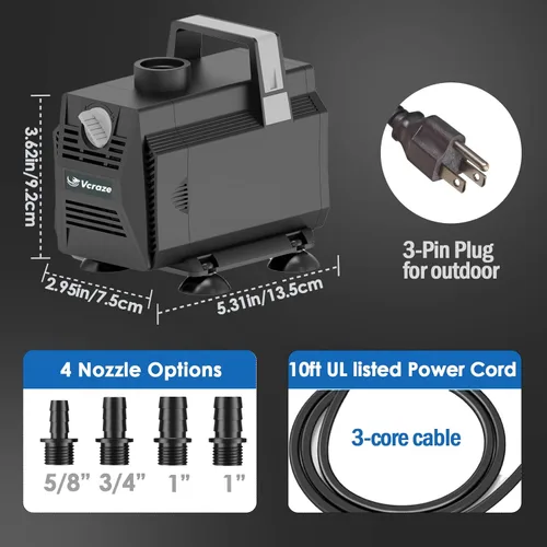 Miniatura 8 de Bomba de agua sumergible 880GPH/45W Bombas de fuente con control de flujo, bomba de estanque sumergible al aire libre con cable de alimentación de 3