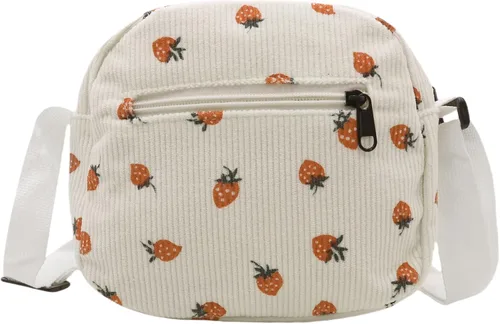 Miniatura 5 de Bolso cruzado de pana de fresa para mujeres y niñas, bonito bolso de mano con diseño de fresa, bolso de mensajero pequeño, bolso de hombro