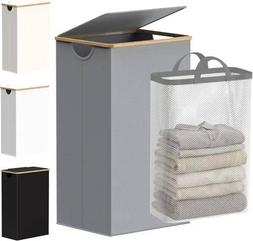 Miniatura 26 de efluky Cesta de lavandería con tapa y bolsa extraíble, cesta de lavandería de 100 litros de alto con asas de bambú, papelera estética para ropa Gris