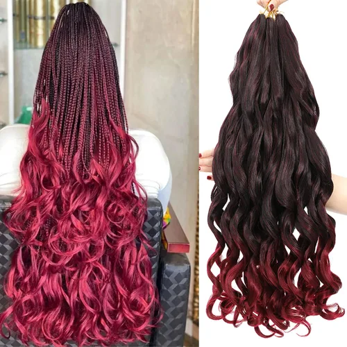 Miniatura 44 de Cabello Rizado Francés para Trenzar de 18 Pulgadas, 8 Paquetes Color Borgoña - Cabello para Trenzar Pre-Estirado con Rebote - Extensiones de Cabello