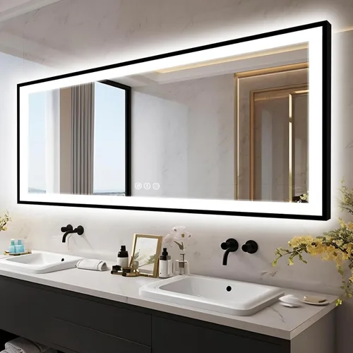 Miniatura 10 de EchosLife Espejos de baño LED de 20 x 28 pulgadas para pared, marco de aluminio negro (frontal y retroiluminado), espejo de tocador antivaho