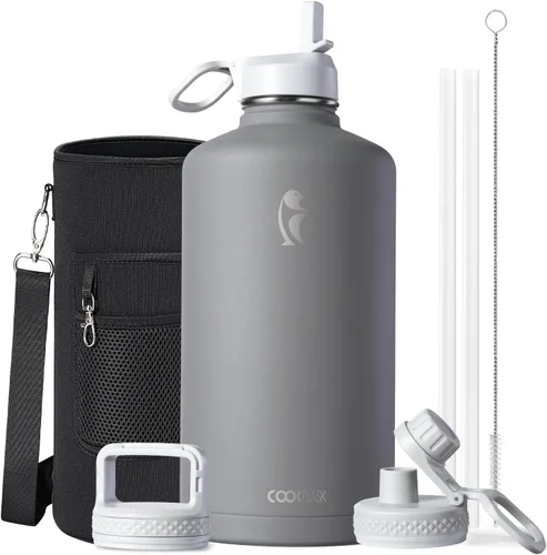 Miniatura 94 de Coolflask Botella de agua de 20 onzas aislada con pajilla, 3 tapas de metal de acero inoxidable, botella de agua de boca ancha para deportes u
