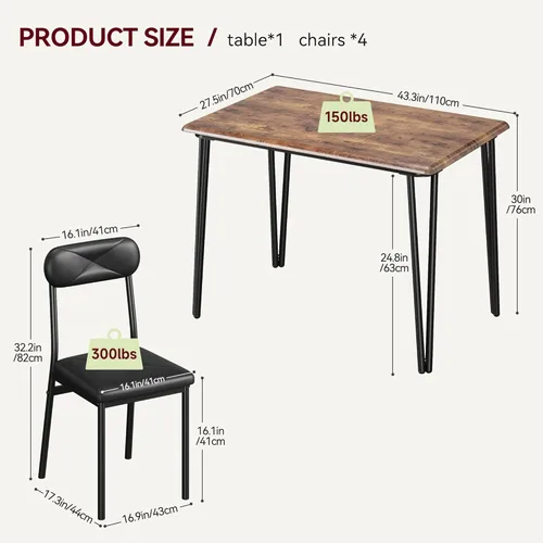 Miniatura 7 de Mesa de comedor de cocina y sillas tapizadas para 4, mesa rectangular de madera para 4 asientos, juego de comedor industrial de 5 piezas