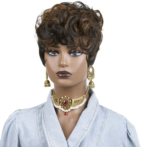 Miniatura 6 de Pelucas cortas de corte Pixie para mujeres negras, pelucas de corte Pixie con flequillo, negro mezclado con marrón, pelucas rizadas cortas