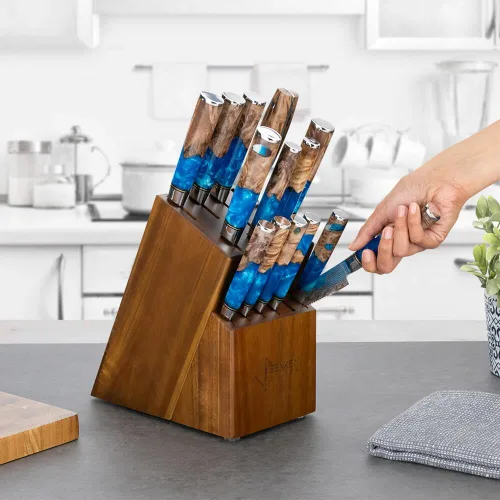 Miniatura 2 de SENKEN - Cuchillo de carnicero de acero Damasco, colección Tsunami, acero japonés VG10 de 67 capas, resina azul única y mango de madera natural