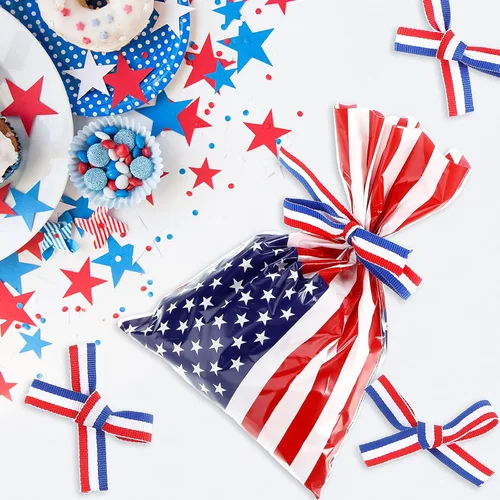 Miniatura 6 de Tenare 100 bolsas patrióticas de celofán de regalo a granel, de plástico, rojo, blanco, azul, bandera estadounidense, bolsas de celofán, bolsas de 4