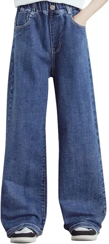 birbyrrly Pantalones de mezclilla de pierna ancha para niñas, holgados, cintura elástica, pantalones de mezclilla casuales con bolsillos