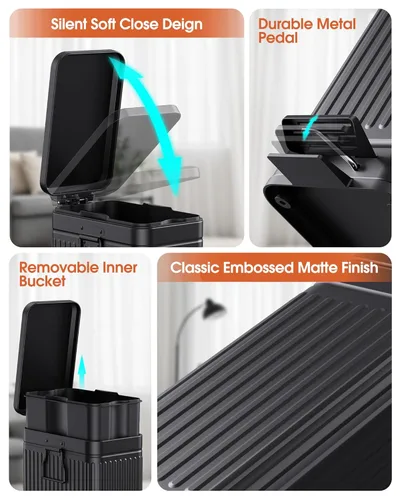 Miniatura 4 de Basurero pequeño con tapa, cierre suave, de acero inoxidable de 6 litros/1.6 galones, cubo de basura de metal con pedal para baño, dormitorio, Negro