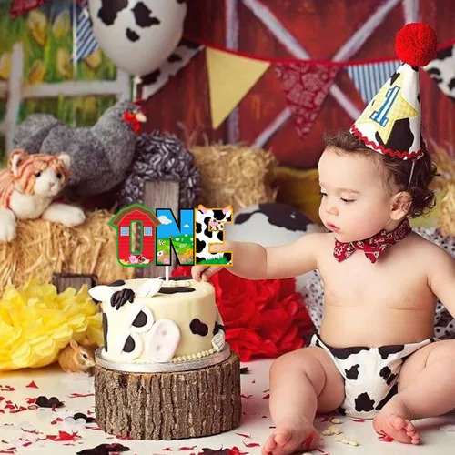 Miniatura 5 de Decoración de pastel de vaca de granja con temática de animales de vaca para el primer cumpleaños, decoración de pastel de aniversario de un año