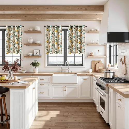 Miniatura 6 de Topfinel Cortinas beige para cocina, 36 pulgadas de largo, diseño botánico floral, colibrí, con ojales, oscurecimiento de habitación, media ventana