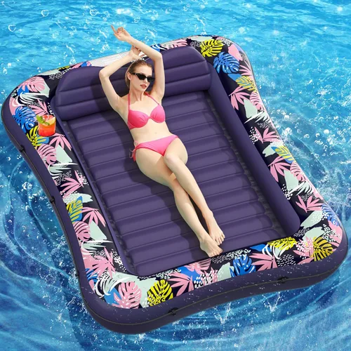 OKSUWATER - Flotador para tumbona de piscina, de 75 x 51 pulgadas, para adultos, con reposacabezas y soporte para bebidas, cama inflable para tomar