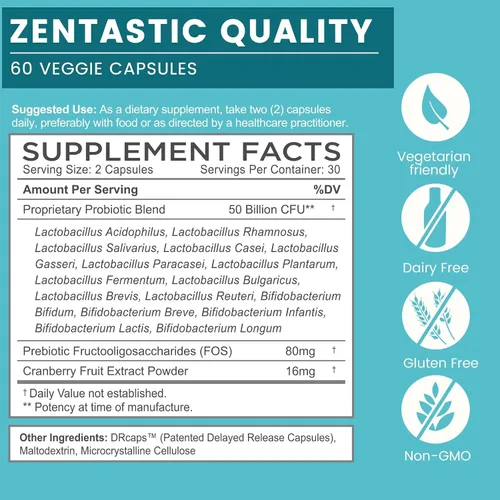 Miniatura 2 de Zentastic Suplemento de probióticos y prebióticos – 50 mil millones de UFC – para hombres y mujeres, salud inmune y digestiva – 16 cepas – estable