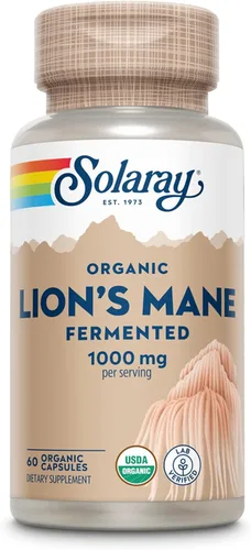 SOLARAY Cápsulas de suplemento de melena de león orgánico - Proporciona 1000 mg de hongos orgánicos de melena de león, fermentados para una mejor