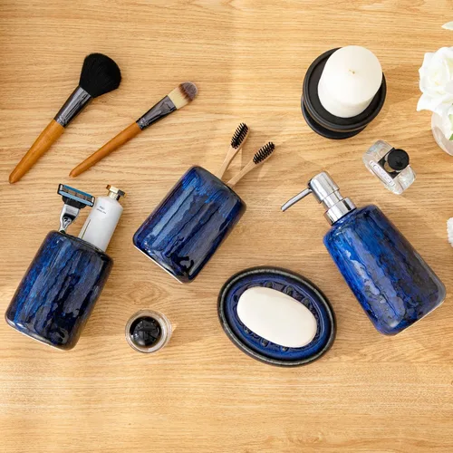 Miniatura 6 de vancasso Juego de accesorios de baño azul, juego de dispensador de jabón de cerámica y soporte para cepillos de dientes, juego de 4 piezas de loza