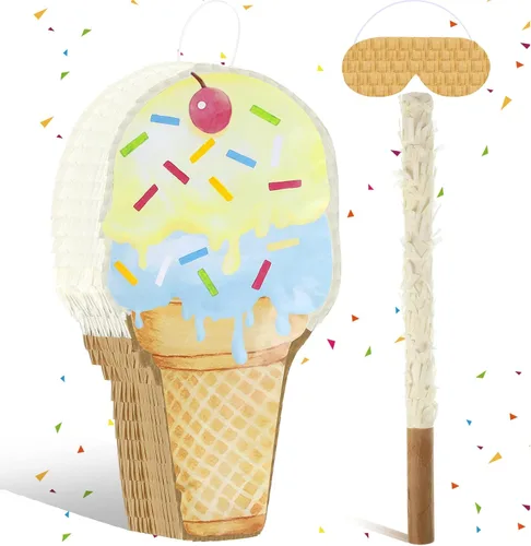 Piñata de helado de 15.8 x 9.5 pulgadas, piñata en forma de cono de helado con barra para fiesta de cumpleaños, fiesta de dulces de verano, baby