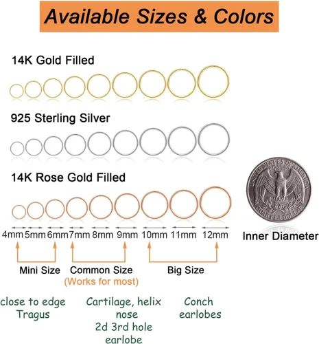 Miniatura 3 de Pequeños aretes de aro huggie de oro o plata de ley para mujeres y niñas, cartílago, nariz, hélix, tragus