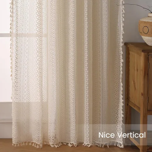 Miniatura 6 de WAZZIO Cortinas de Encaje, Cortina Boho de Crochet para Dormitorio, Cortinas de Café de Algodón, 45 Pulgadas de Largo, 2 Paneles con Bolsillo