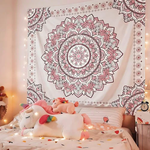 Miniatura 3 de Atrippy Tapiz de pared bohemio con mandala rosa para dormitorio, tapiz estético blanco y rosa, decoración de habitación para adolescentes y niñas