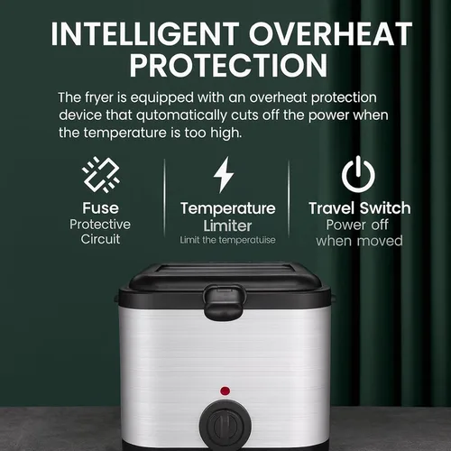 Miniatura 3 de Freidora Eléctrica de Aceite de Acero Inoxidable de 1000 W - Freidora Eléctrica de Aceite 2.5L – Freidora de Temperatura Ajustable con Canasta
