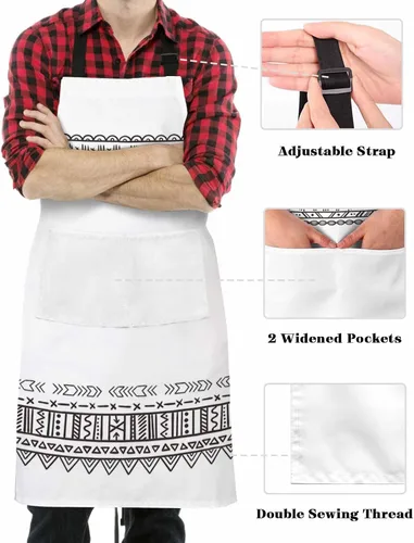 Miniatura 3 de Waterproof Apron with 2 Pockets, Boho Style Black White Geometric Pattern Adjustable Man and Women Kitchen Bib Apron for Baking Cooking Restaurant