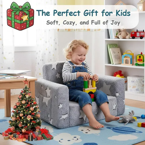 Miniatura 9 de Tiita Silla Sofá para Niños, Sillas Sofá Cómodas Plegables para Niños Pequeños, Sofá de Felpa 2 en 1 para Niños Desplegable, Silla Sofá con estrella