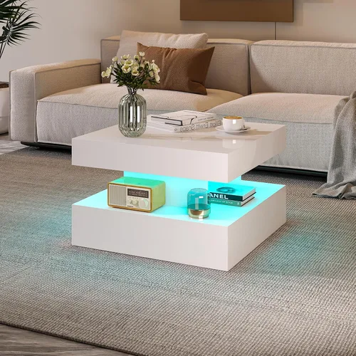 Miniatura 13 de HedoAjim Mesa de centro LED negra para sala de estar, mesa de sala de estar, mesas centrales cuadradas de 2 niveles, mesas de centro de madera
