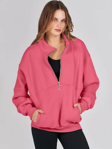 Miniatura 2 de ANRABESS Sudaderas de forro polar con media cremallera para mujer, de gran tamaño, con cremallera de un cuarto, ropa de otoño 2024, ropa de moda