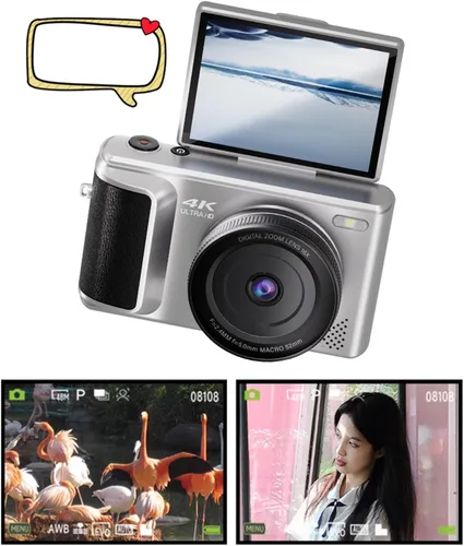 Miniatura 4 de Cámara digital 4K con pantalla abatible de 180°, zoom de 16X, apuntar y disparar, cámara compacta de viaje para principiantes (plateado)