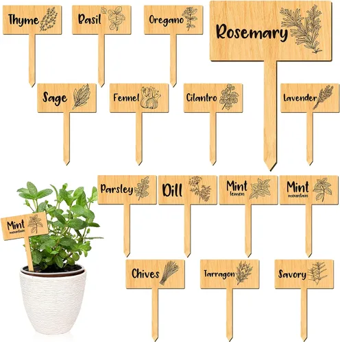 Bucherry 15 letreros de etiquetas para plantas de jardín, marcadores de hierbas de madera tipo T con nombre de hierba impreso, estacas impermeables