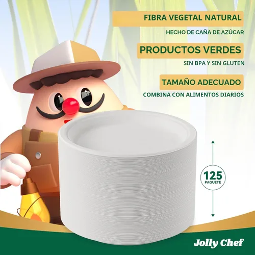 Miniatura 6 de JOLLY CHEF Platos compostables resistentes de 10 pulgadas [paquete de 125] Platos desechables ecológicos blancos hechos de bagazo biodegradables