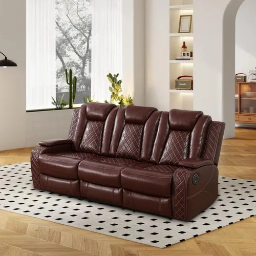 Miniatura 16 de Juego de sofá reclinable eléctrico, sofá reclinable de cuero de aire con LED/portavasos/almacenamiento, 2 muebles de sala de estar, sofá de cuero