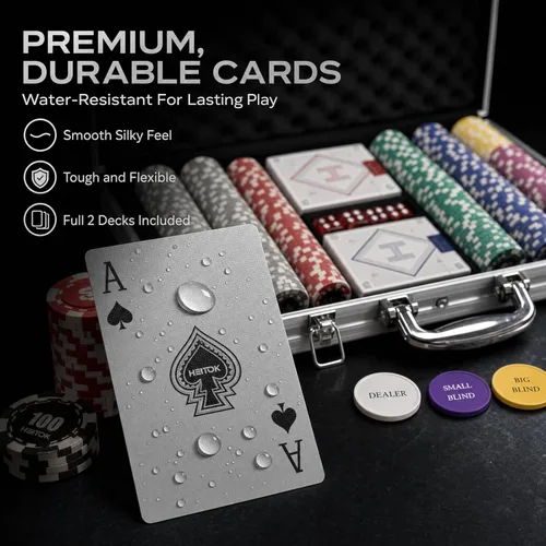 Miniatura 7 de Fichas de póquer con denominaciones, juego de 300 piezas de 11.5g con números, fichas de casino pesadas, 5 dados, 2 barajas con estuche compacto