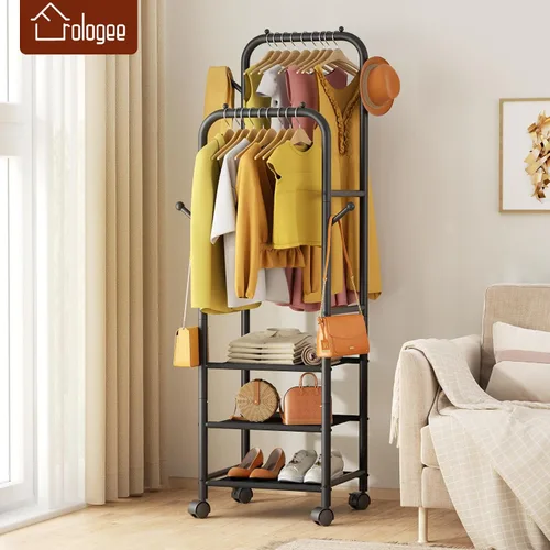 Miniatura 3 de Furologee - Percheros enrollables para colgar ropa, con dobles varillas, con ruedas, perchereros resistentes, perchero metálico portátil