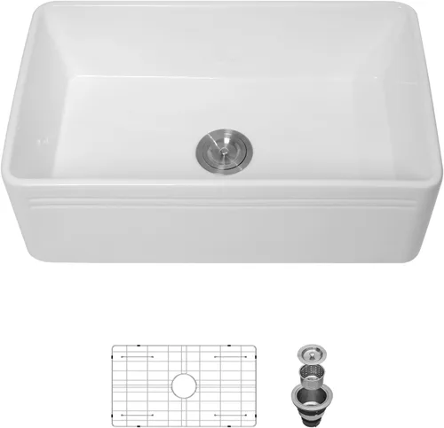 Miniatura 25 de Sarlai - Fregadero de cocina de granja blanco de 33 pulgadas, fregadero de 84 x 51 cm con delantal frontal de cerámica de porcelana vítrea