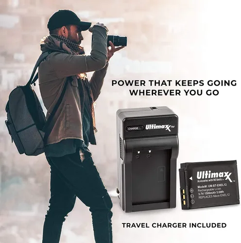 Miniatura 7 de Ultimaxx Cargador de viaje rápido y 2 baterías EN-EL12 (1500 mAh) para Nikon COOLPIX A1000 B600 W300 A900 AW100 AW110 AW120 AW130 S6300 S8100 S8200