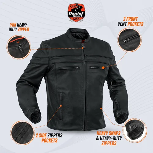 Miniatura 5 de Daniel Smart - Chaqueta de cuero negro para hombre, con cuello mandarín, con bolsillos interiores