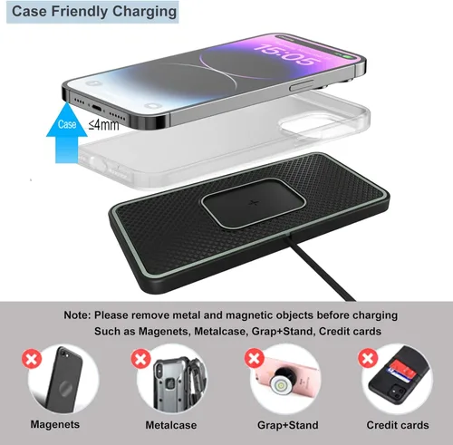 Miniatura 5 de Cargador inalámbrico para automóvil, cargador inalámbrico rápido para teléfono celular, antideslizante, alfombrilla de carga inalámbrica compatible