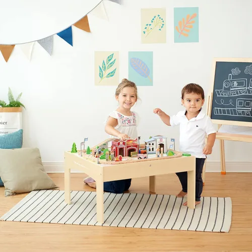 Miniatura 3 de Teamson Kids Juego de mesa de tren con 85 piezas, mesa de actividades de laboratorio de juego preescolar con trenes de madera, coches, ferrocarril