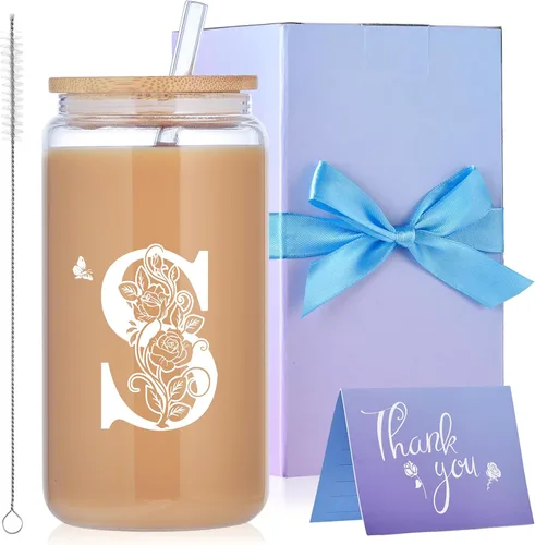 Miniatura 22 de Vasos de vidrio con iniciales con tapas y pajitas, regalos con monograma para mujeres, vaso de vidrio de cerveza de 16 onzas, taza de café helado