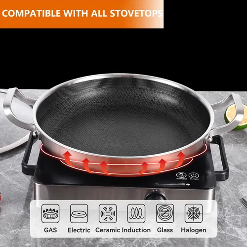 Miniatura 4 de DELARLO Sartén con tapa, sartén de acero inoxidable de tres capas, sartén de paella antiadherente de 12 pulgadas, sartenes y sartenes para freír