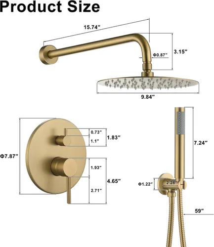Miniatura 5 de Sistema de ducha de alta presión con cabezal de ducha de lluvia redondo de 10 pulgadas y montaje en pared de mano, juego combinado de grifo de ducha