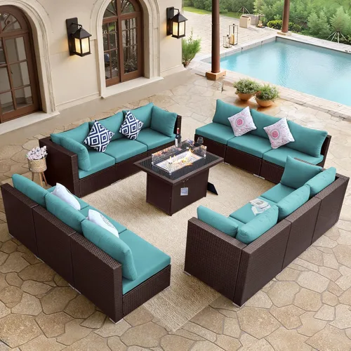 Miniatura 38 de BULEXYARD Juego de muebles de patio de respaldo alto de 7 piezas con mesa de fogata de combustible dual propano/gas natural, sofá seccional