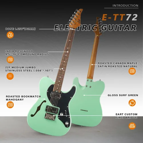 Miniatura 2 de EART E-TT72 Guitarra eléctrica de cuerpo semihueco de 6 cuerdas, capacidad de juego versátil, potentes pastillas Humbucker guitarras de puente fijo